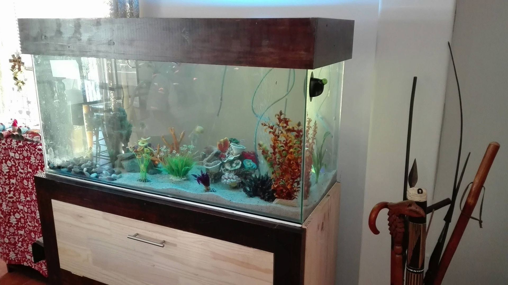 Custom aquarium with built-in cabinet installed by Fish Tank Boys